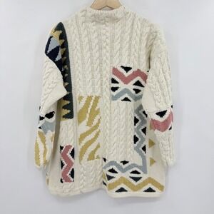 Lecomte Handknit Sweater Womens Cream 90s Patchwork Cable Geometric Mock Neck